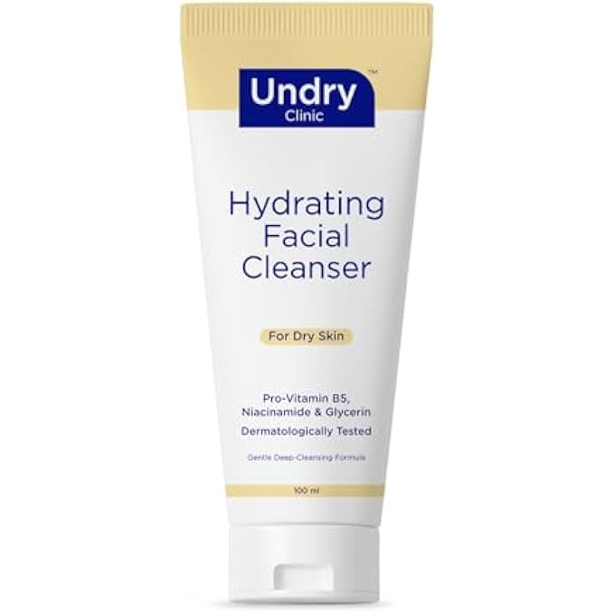 Undry منظف وجه مرطب للبشرة الجافة (100 مل) غسول وجه لطيف ينظف بعمق للوجه، غسول وجه غير مجفف للنساء والرجال غسول وجه مع النياسيناميد، برو-فيتامين ب5 والجلسرين - Image 1
